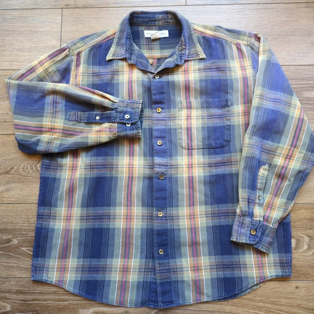 Vtg 90s Banana Republic Plaid Button Down Shirt Blue Green Tan Grunge Large